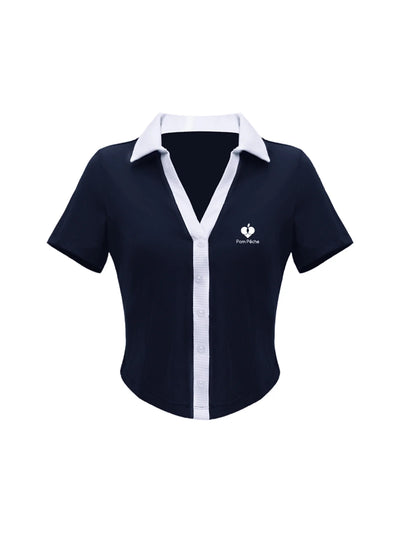 OSWALD ブラパッド付き タイトフィット ポロトップス - ネイビーブルー