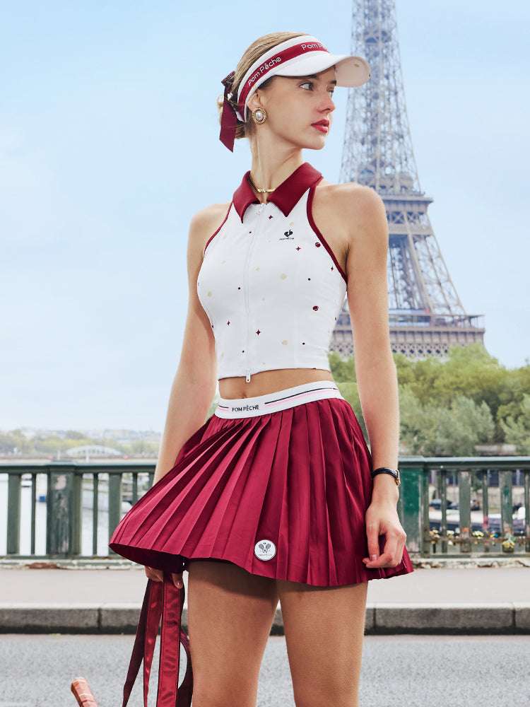 テニスタンクトップ　ノースリーブ　ドットプリント脇高 レッドカラー ANJA