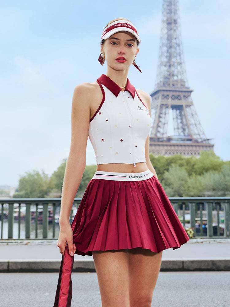 テニスタンクトップ　ノースリーブ　ドットプリント脇高 レッドカラー ANJA