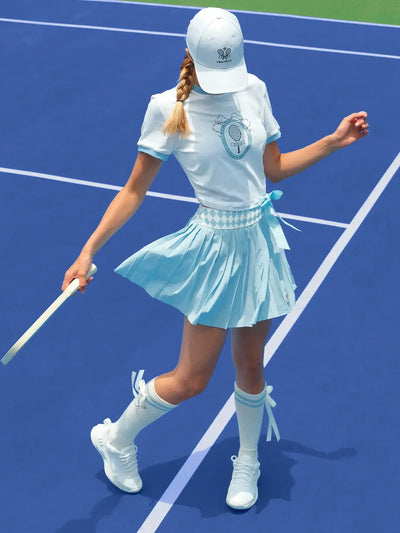 テニスロングソックス　美脚 柔らかい 伸縮性　スポーツリボン着脱可能　スカイブルー　FAUNA